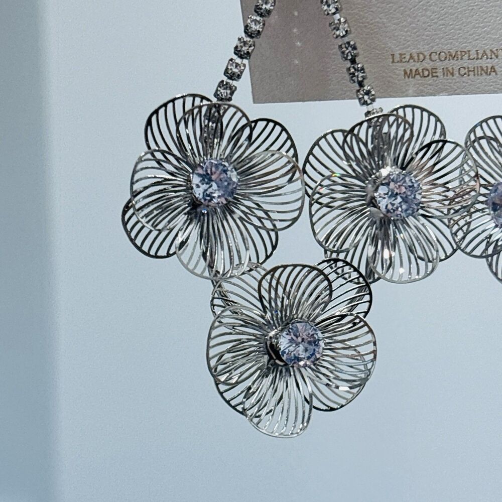 Natasha Silver Tone Wire Floral Rhinestone Statement Earrings NWT - Picture 8 of 9